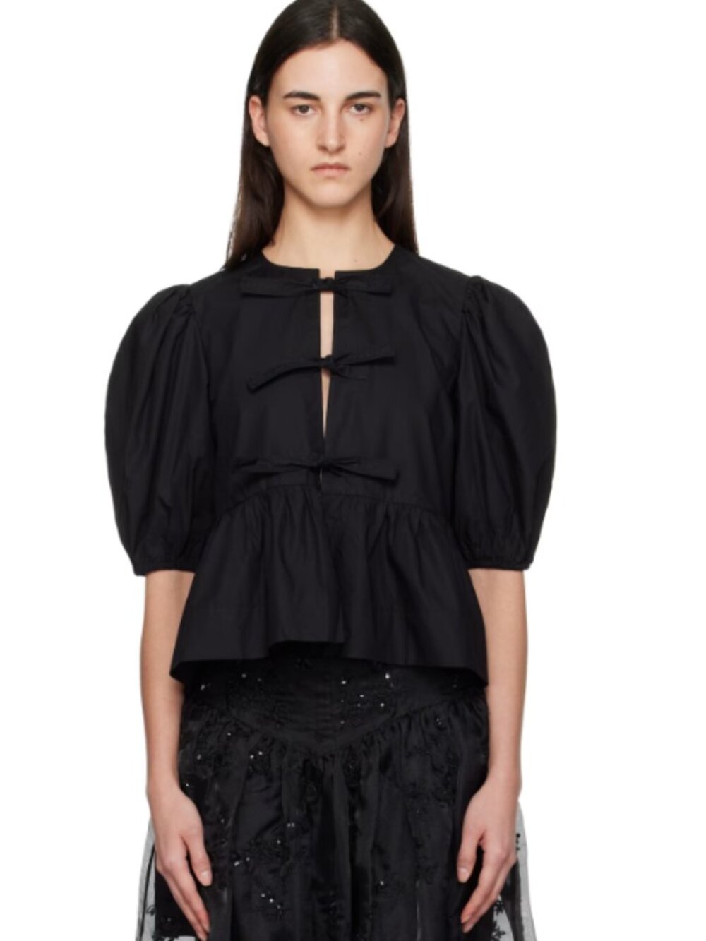 Ganni Black Cotton Poplin Peplum Tie Blouse